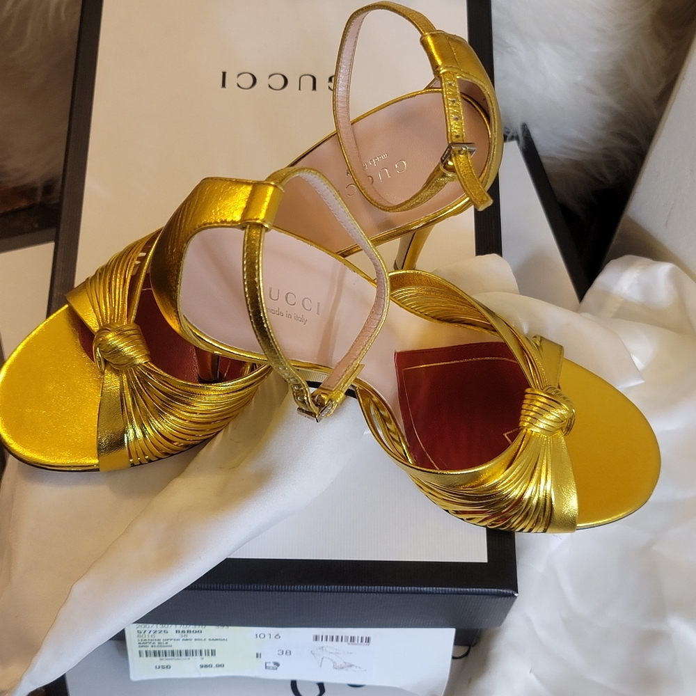 NWT Gucci Gold Nappa Silk Leather Sandal